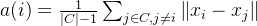 a(i) = \frac{1}{|C| - 1} \sum_{j \in C, j \neq i} \|x_i - x_j\|